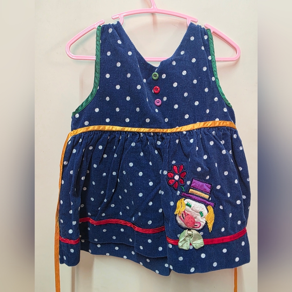 Navy Polka Dot Kids Dress with Clown Embroidery
